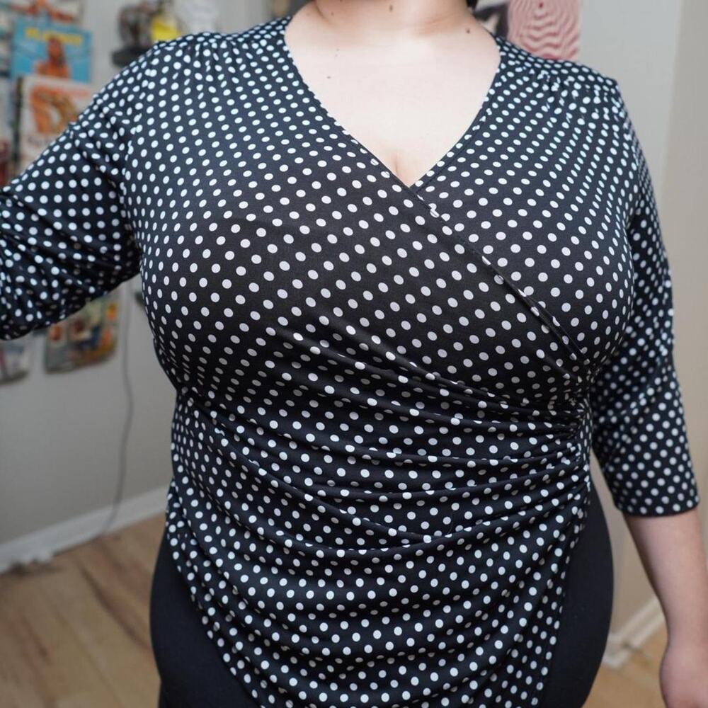 Black White Polka Dot Wrap Top Ruched V-Neck 3/4 Sleeve Stretch Y2K Retro Size L
